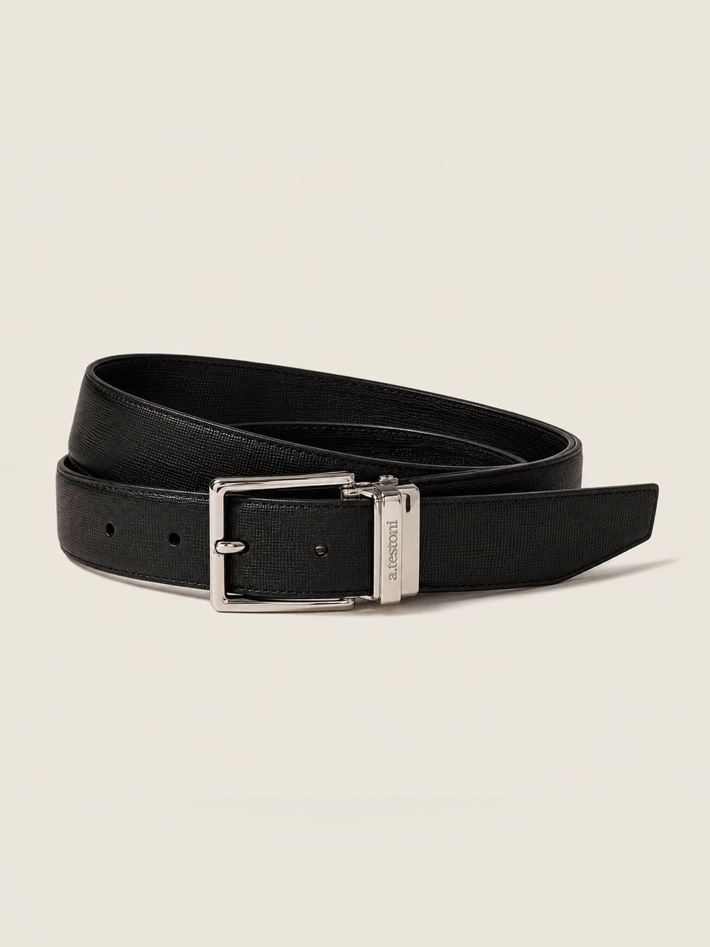 a. testoni Black Leather Men's Dress Belt with Silver Buckle